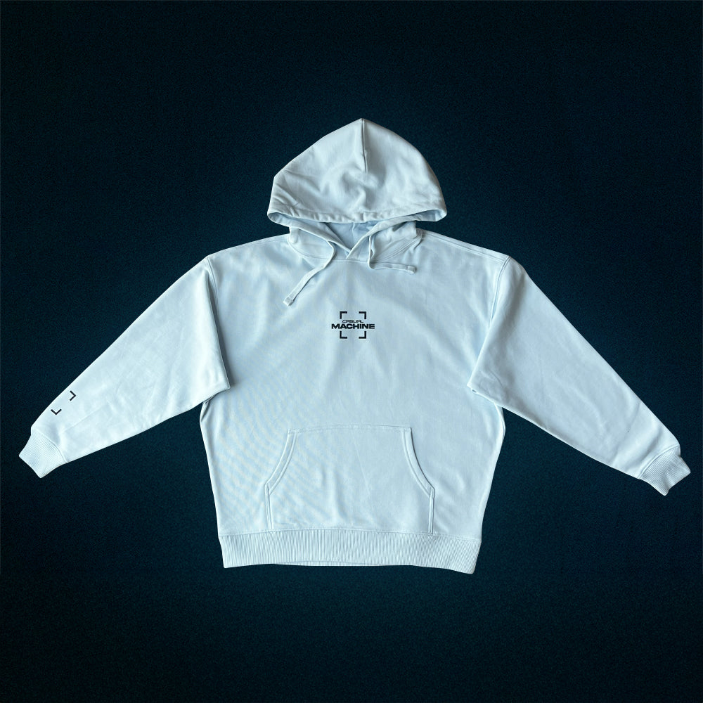 Packshot du hoodie Basics 2.0 de face, coupe oversize, sérigraphie sur le devant, coloris bleu clair
